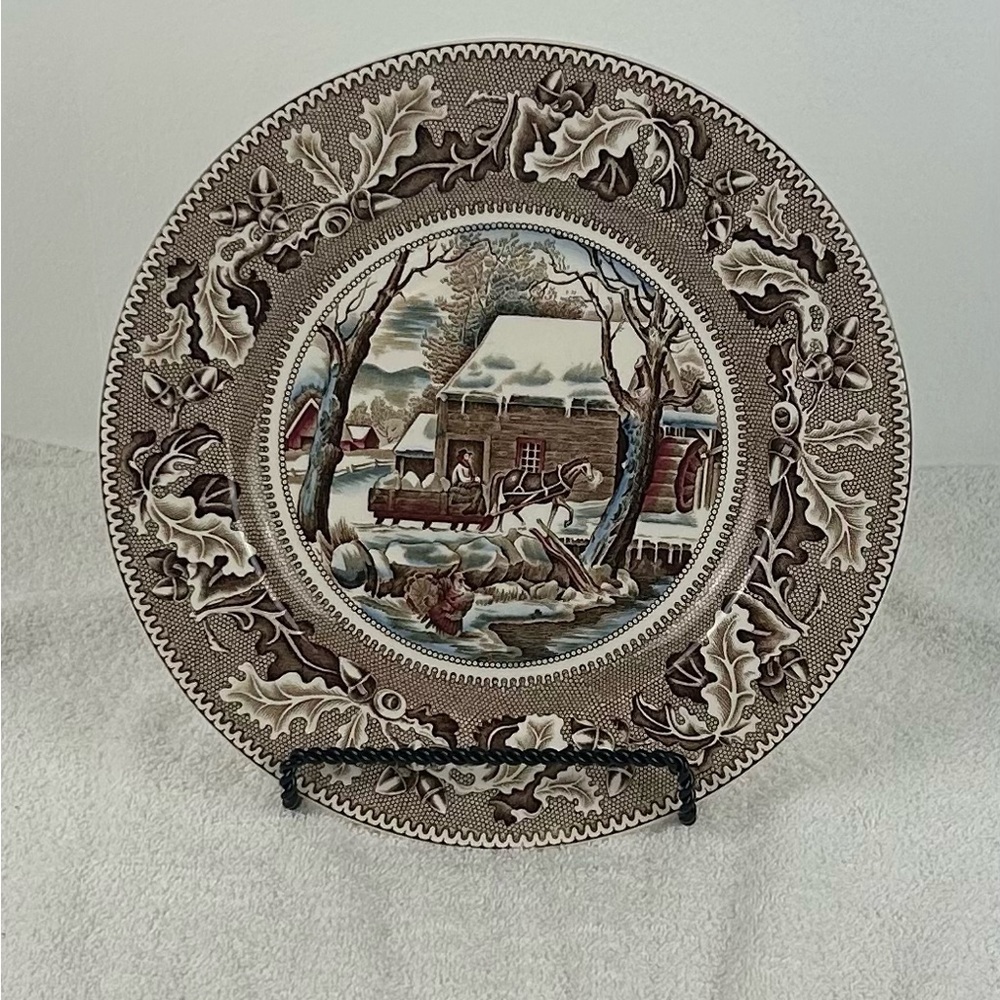 VTG Johnson Brothers Historic America Plate: Brown Transferware Winter Scene